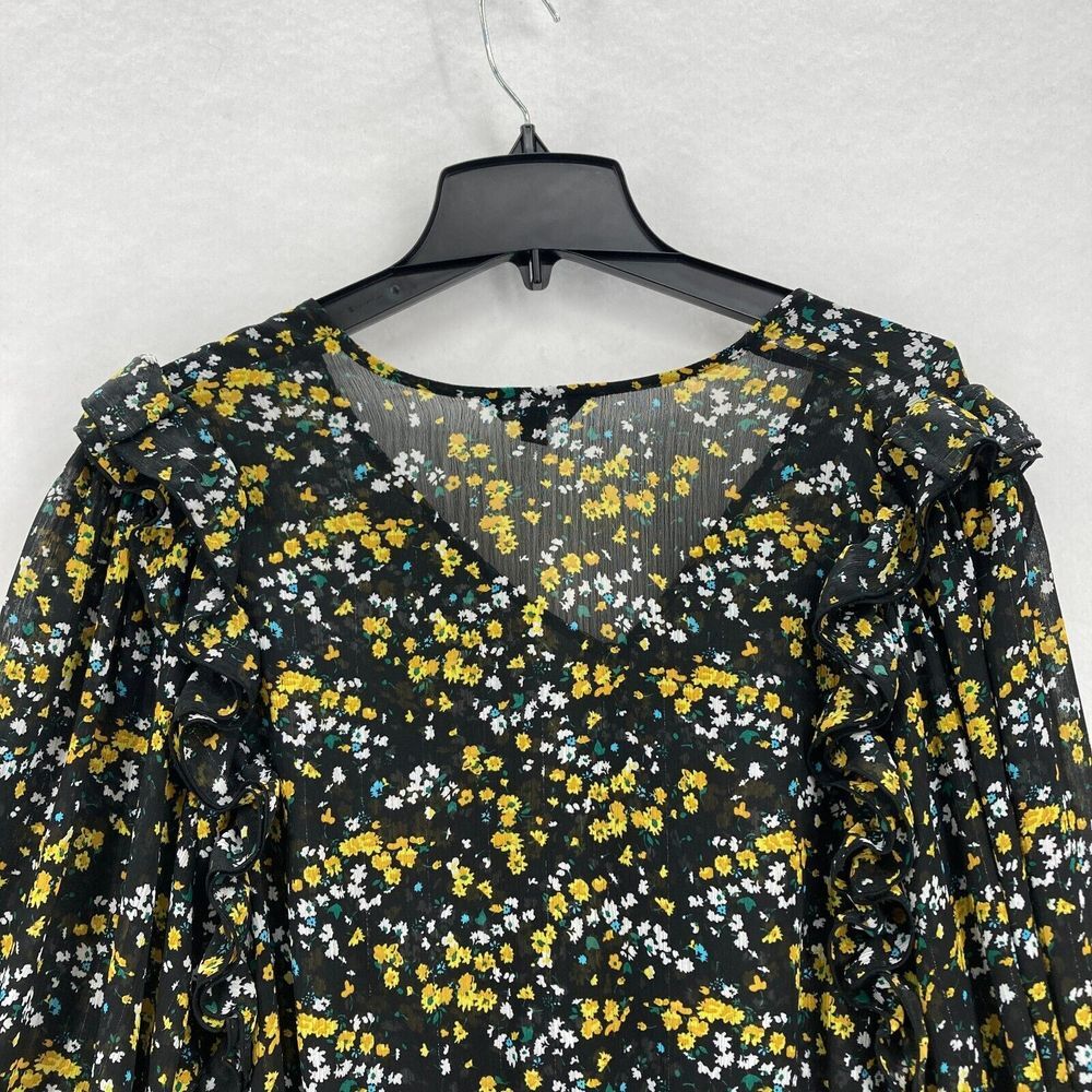 Express Women's Floral Wrap Blouse Large Black Yellow Bishop Sleeve Tie‎ Waist - Picture 12 of 13